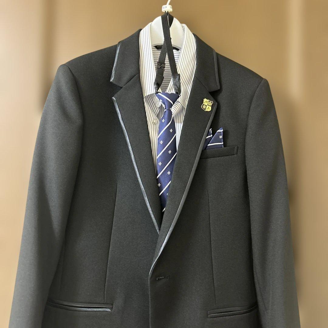 美品　男の子　卒業式ブラックスーツ165 ネイビーストライプシャツ　6点セット