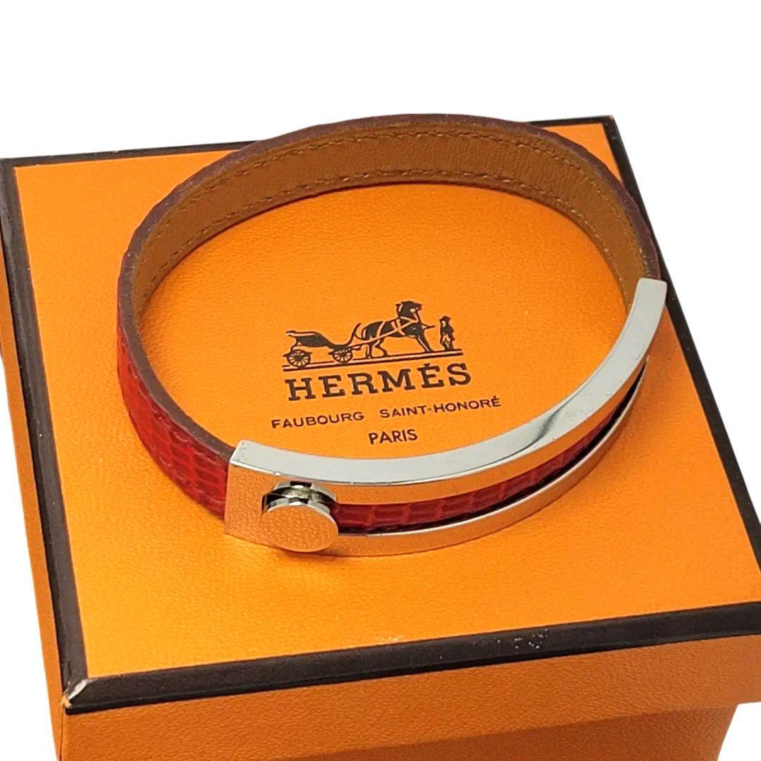そら様HERMES バングル ブレスレット レザー プスプス レッド シルバー