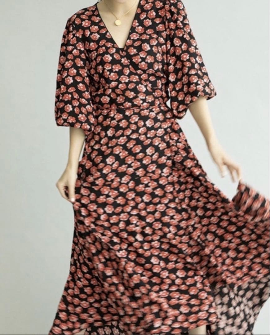 極美品 GANNI 花柄ラップワンピース カシュクール Aライン 40 赤 黒