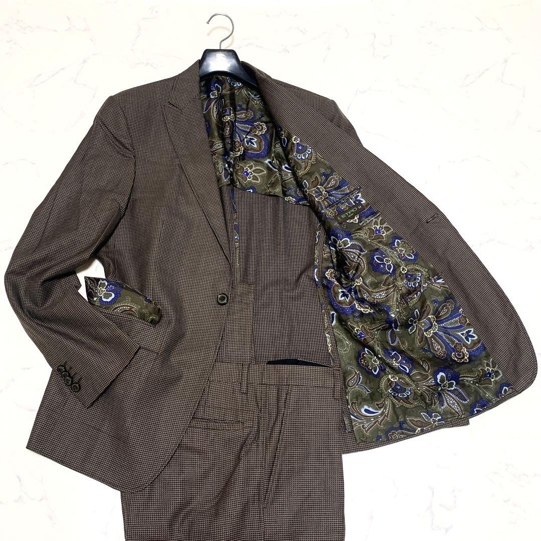 【美品　特大4L！シルク】エトロ　スーツセットアップ　ペイズリー柄　ブラウン　茶