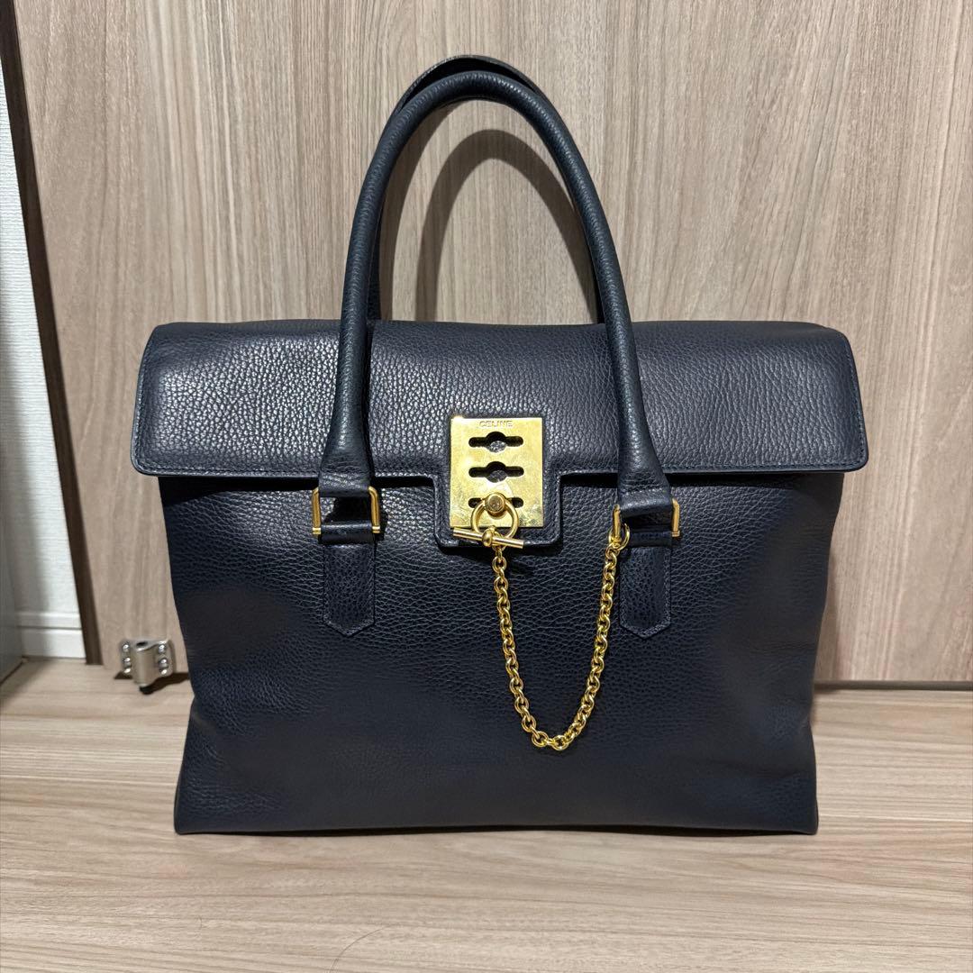 CELINE マンテル ハンドバッグ レザー ネイビー　ヴィンテージ　セリーヌ