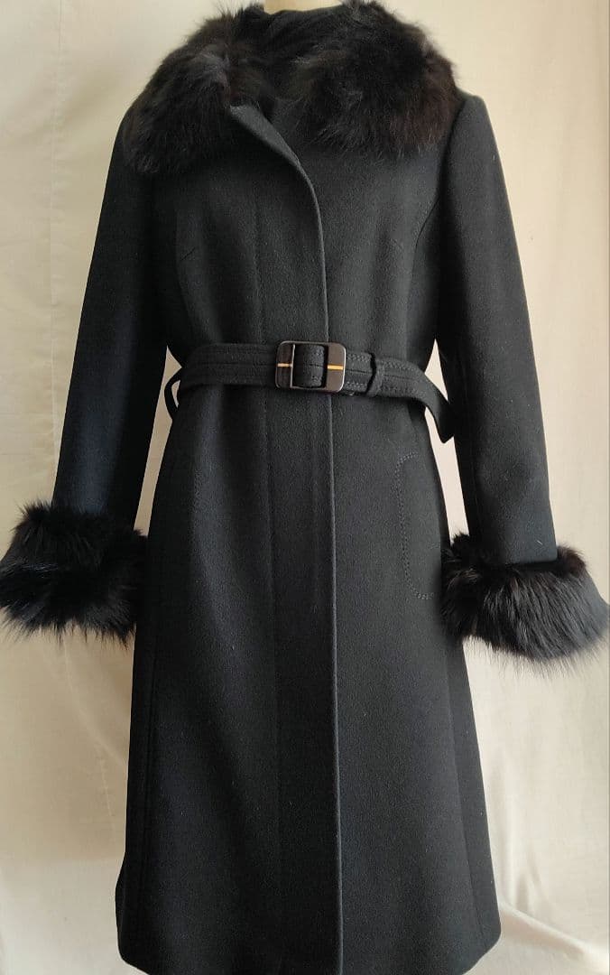 a*o様 レトロインポート ブラックロングコート 毛皮ファー ベルト付き