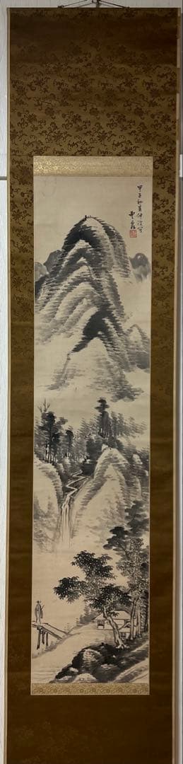 掛け軸　釧路雲泉［觀瀑図］江戸時代の南画家 共箱 紙本 日本画！