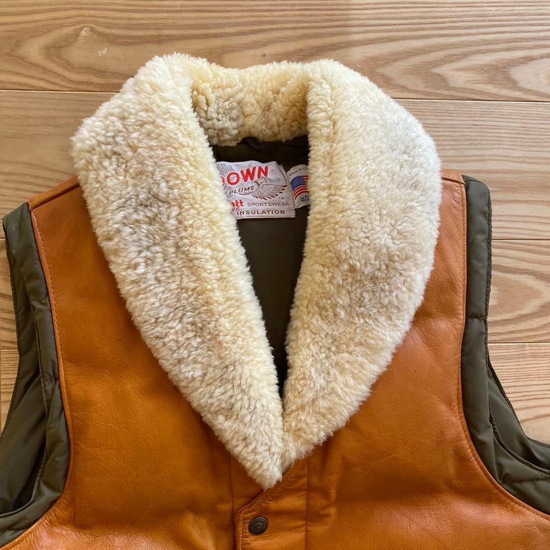 70s Schott ショット ダウンベスト 40 USA製 レザーヨーク ボア