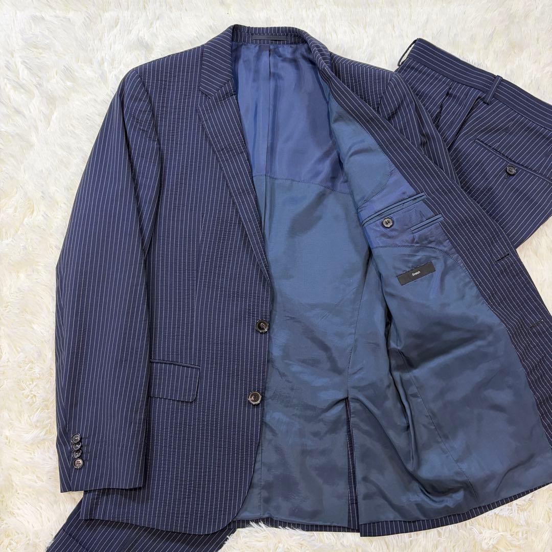 【極美品】ヒューゴボス シアサッカー ビジネススーツ ストライプ 紺 48 L