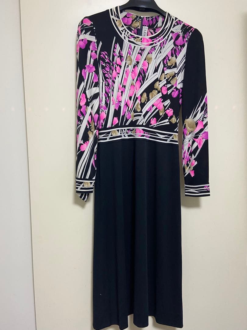 レオナール ワンピース 花柄 トリム ウエストマーク シルク フランス製 S相当