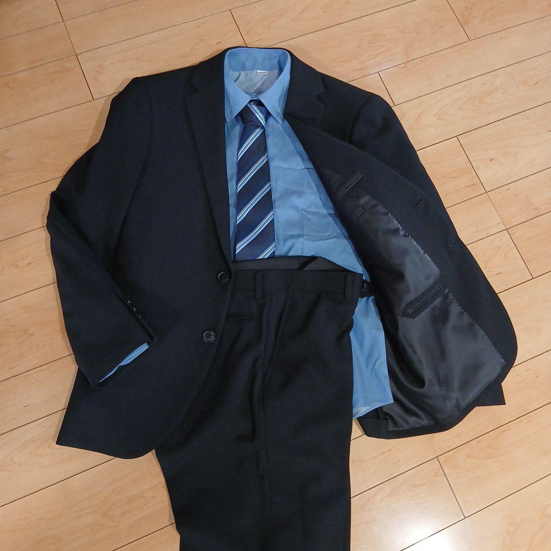【美品】ブラック ビジネススーツ シャツ、ネクタイ付き 裾上げ必須