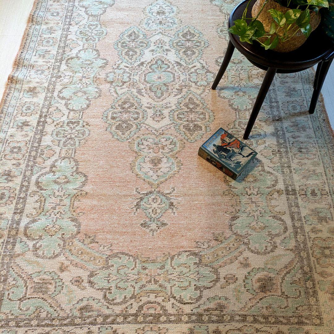 大判163×258 シャビーサーモン×エメラルドグリーン　トルコヴィンテージラグ