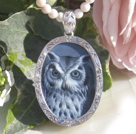 新品 ストーンカメオ 幸運を呼ぶ フクロウ ダイヤモンド ペンダントトップ