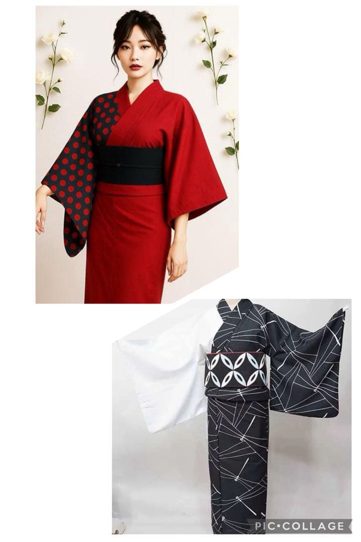 浴衣 単品 女性用 日本製 半身仕立て 綿100％ 深紅×青灰色 水玉模様