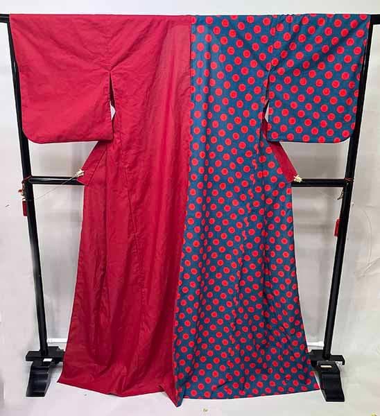 浴衣 単品 女性用 日本製 半身仕立て 綿100％ 深紅×青灰色 水玉模様