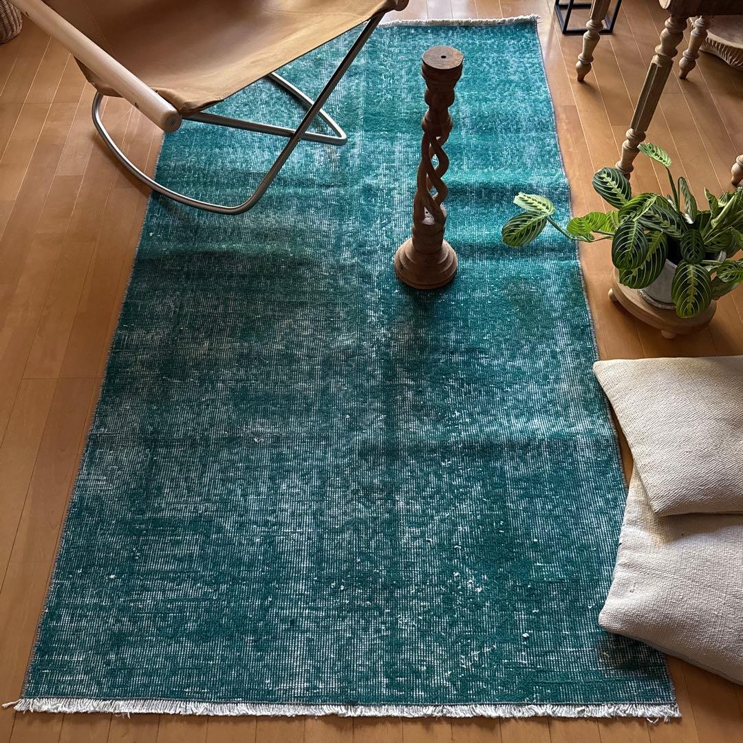 102.5×190 深みあるグリーン　ワンカラーラグ　トルコヴィンテージラグ