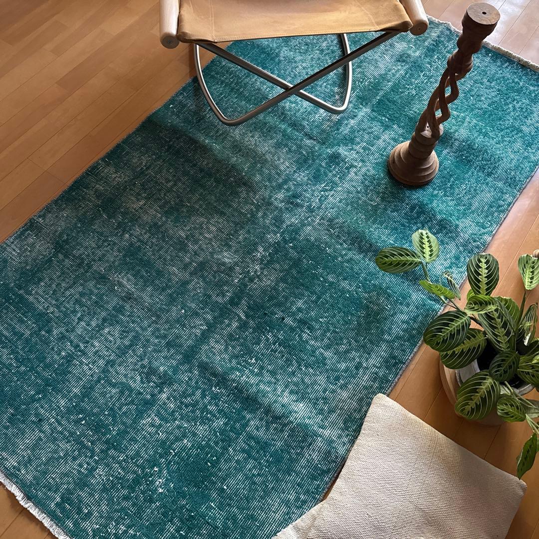 102.5×190 深みあるグリーン　ワンカラーラグ　トルコヴィンテージラグ