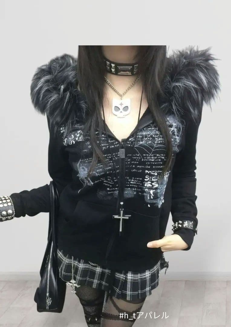 Y2K 地雷系 黒 パーカー ファー付き ジップ ゴシック 可愛い 量産型