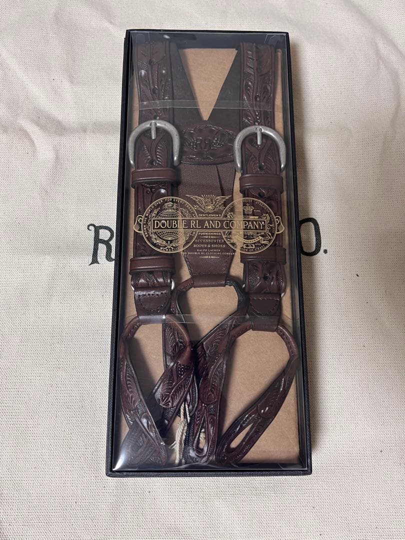 【未使用】ダブルアールエル RRL レザー カービング サスペンダー ブラウン
