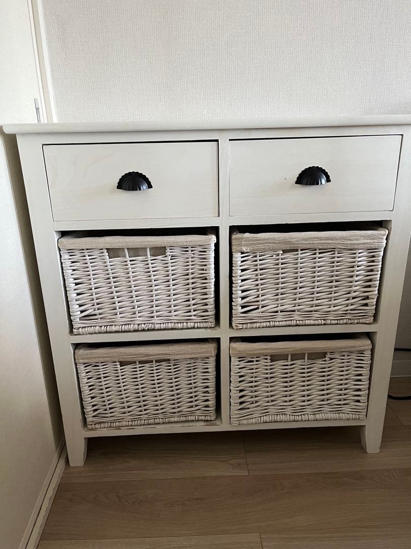 天然木 チェスト　籐バスケット