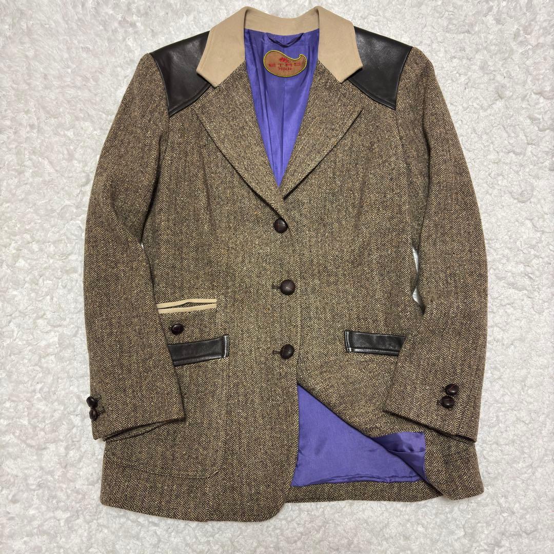 ETRO エトロ ヘリンボーン ウールカシミヤシルク レザー肩パッチ ジャケット