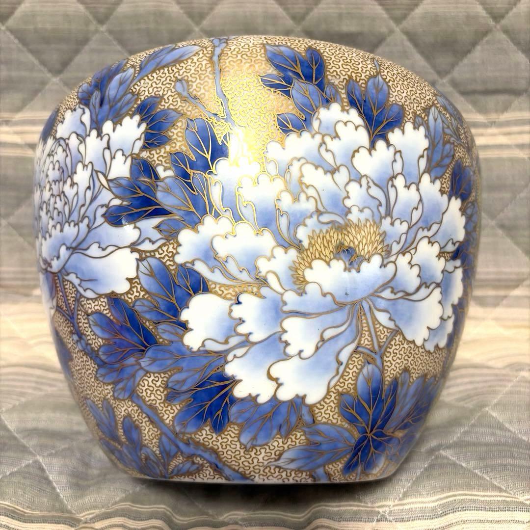 昭和の骨董 深川製磁 花瓶 芍薬 金縁 金彩 淡い青