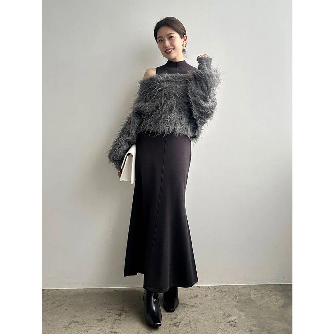 2601033 anuans オフショルレイヤードニットワンピース グレー Mサ