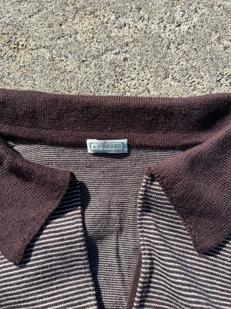 A PRESSE ブラウン ストライプ ポロシャツ 半袖