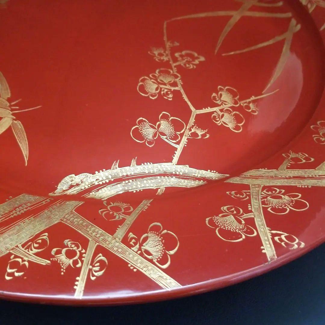 輪島塗 沈金 朱塗り 松竹梅 四季花 大皿 美術品 飾皿 約48cm1尺6寸