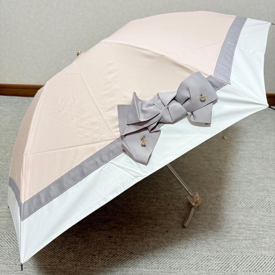 ランバン オン ブルー 遮光 晴雨兼用折りたたみ傘日傘　ビジューリボン ピンク