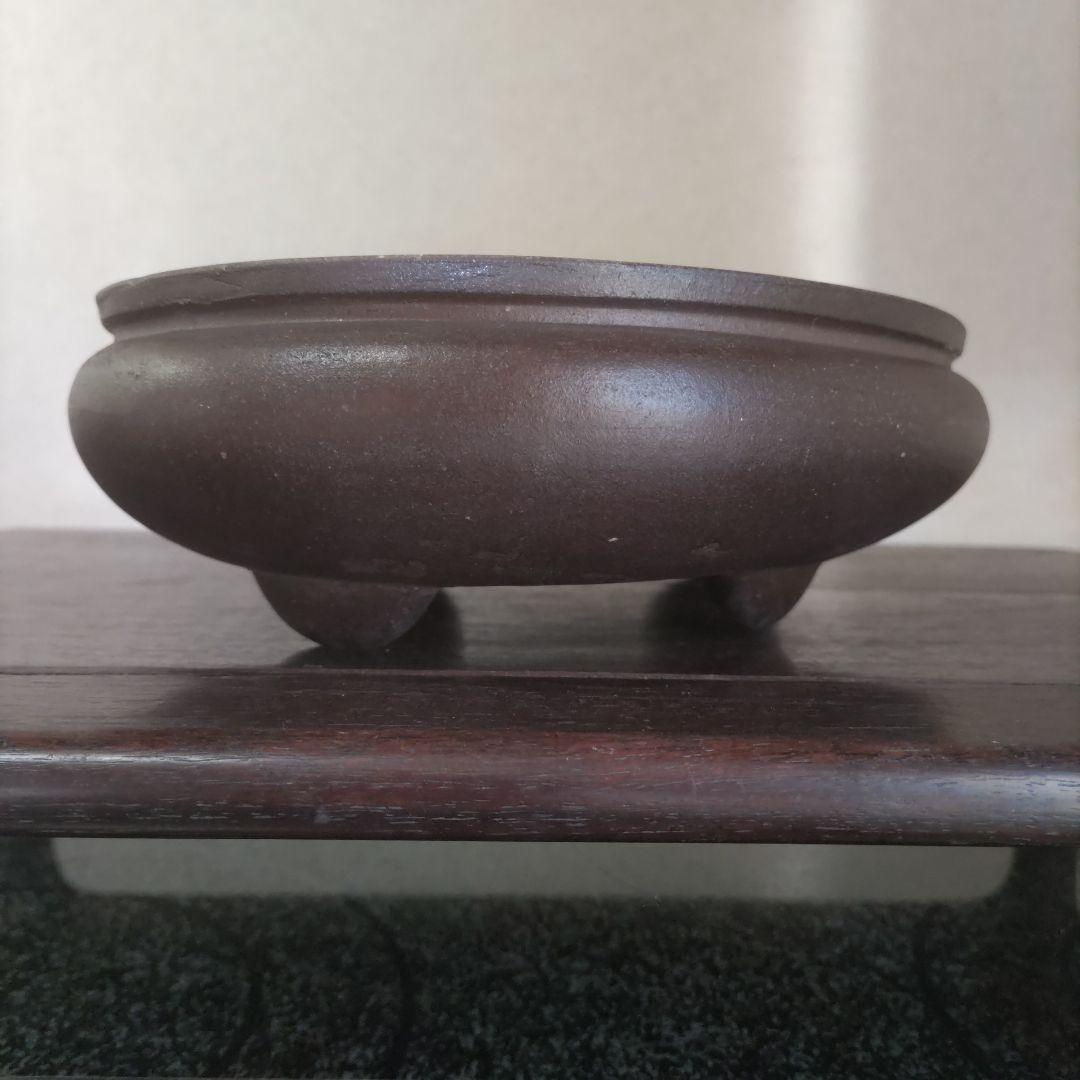 翼記、落款、紫泥袋式楕円鉢、盆栽鉢、植木鉢、古鉢、年代鉢、