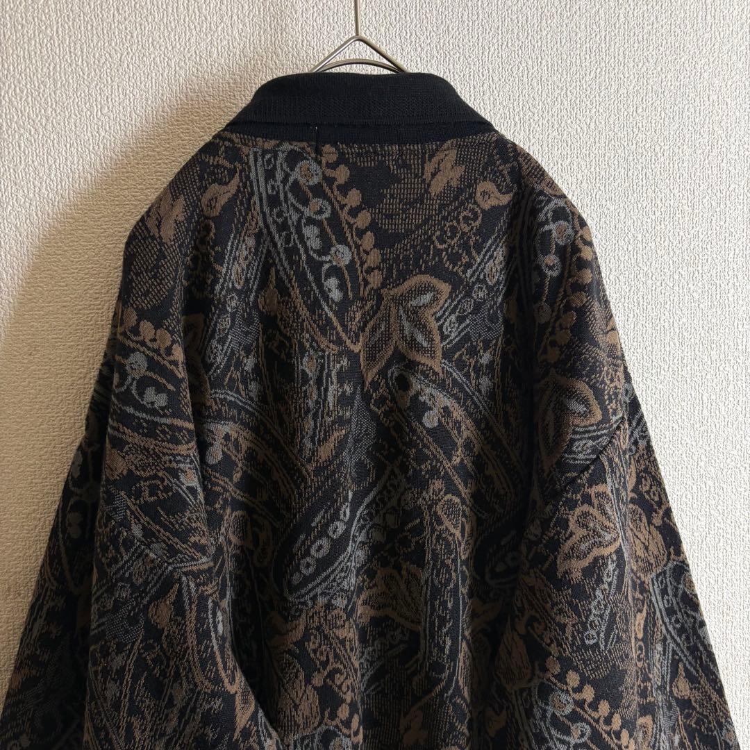 ポロニット　幾何学模様　ボタニカル　総柄　ハーフボタン　襟袖裾切替　レトロ　古着