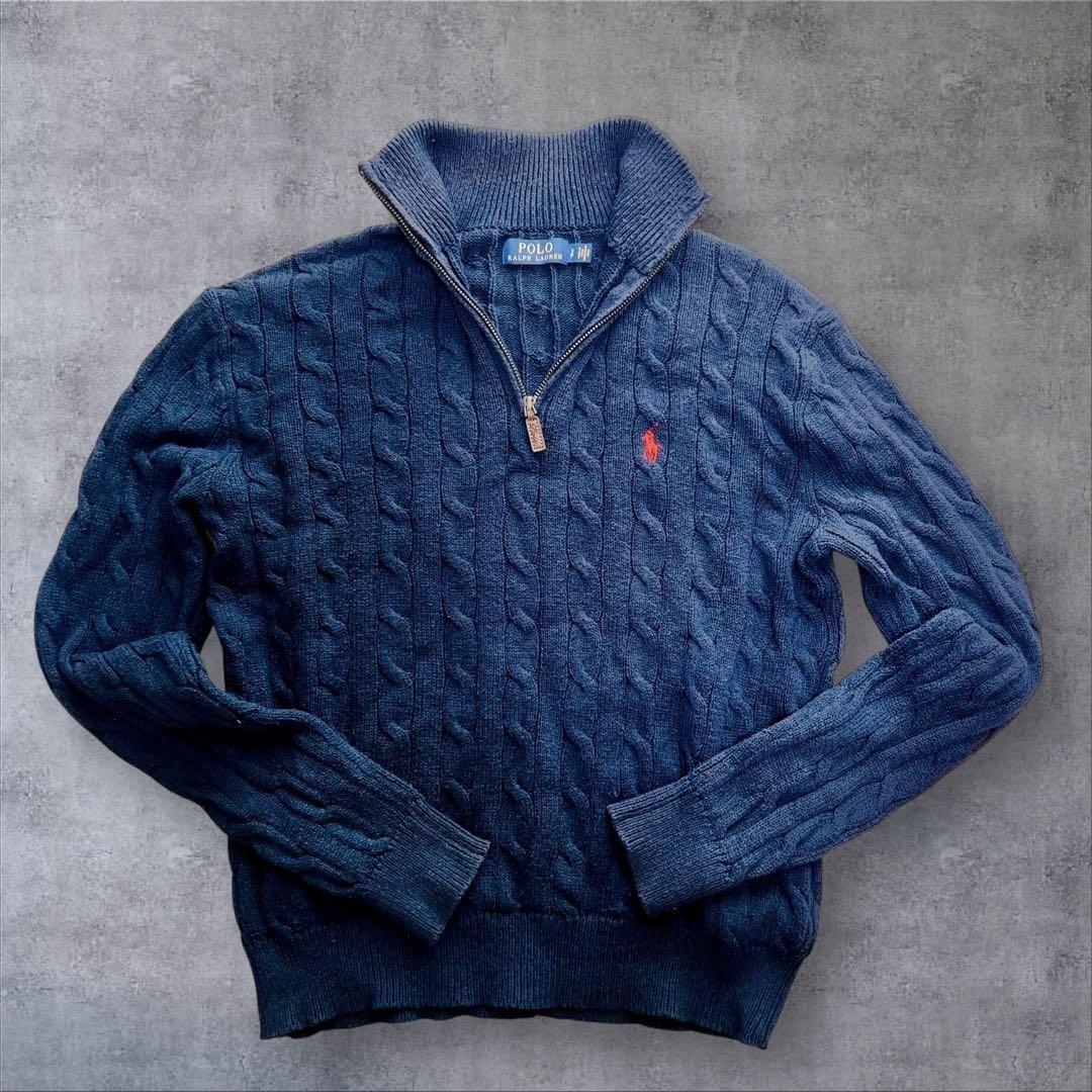 ラルフローレン ケーブルニットセーター ハーフジップ 男女兼用 S ネイビー