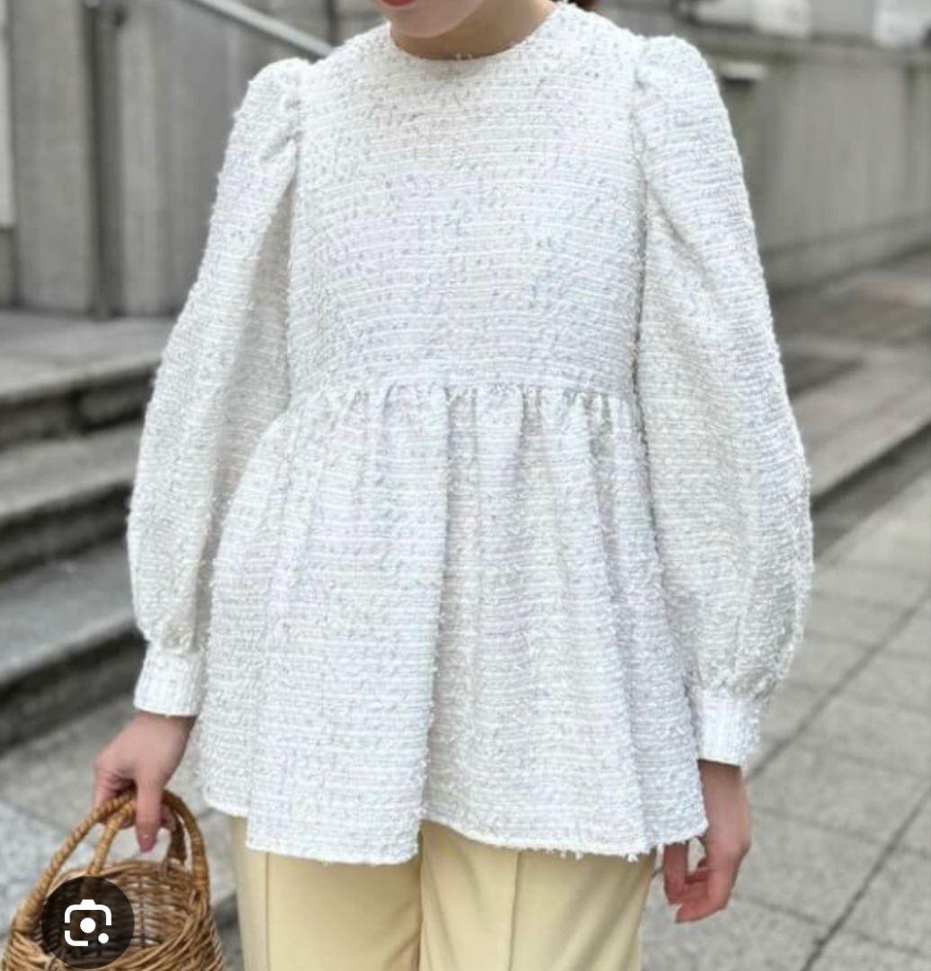 OHGA パターンブラウス　ミックスツイード　白　ツイード