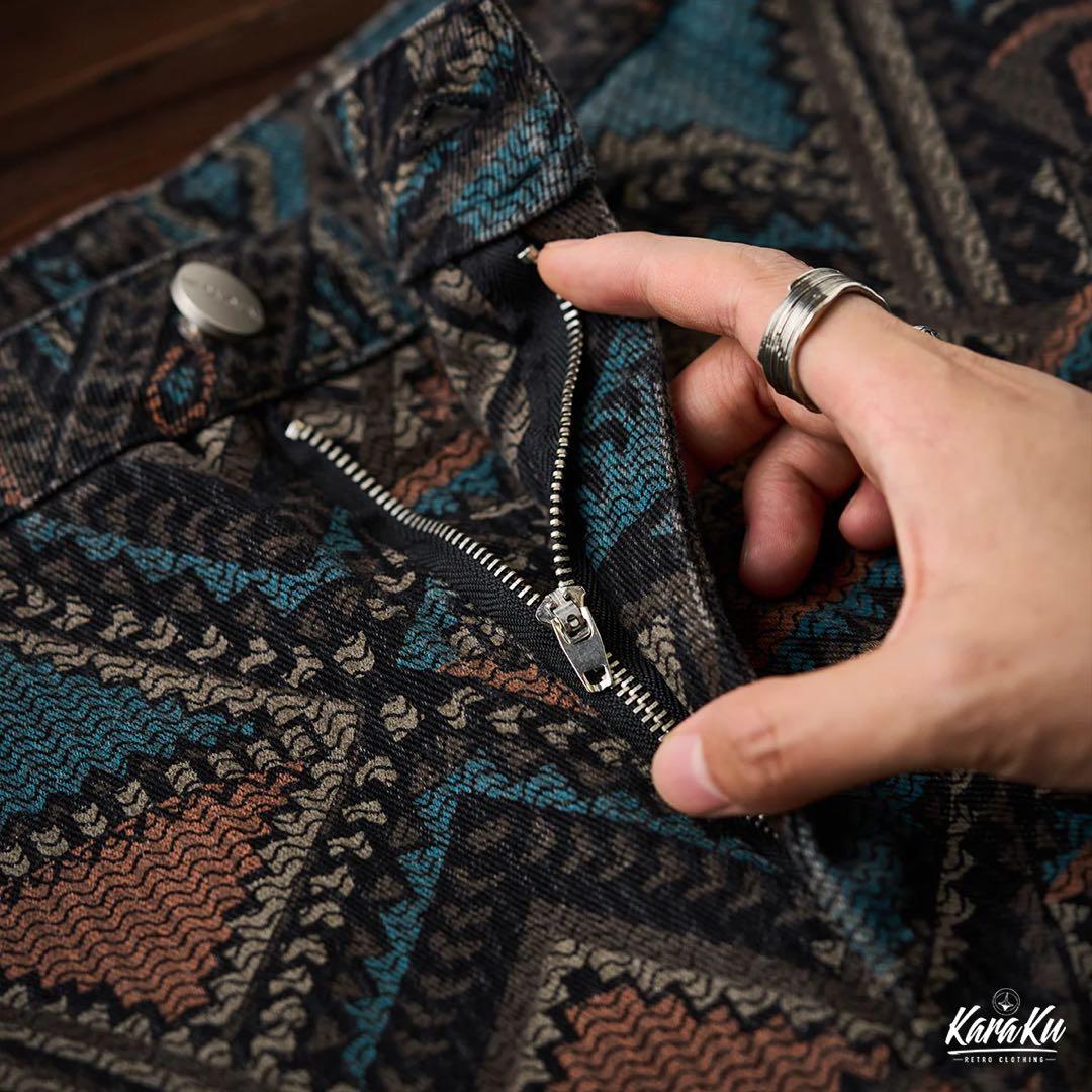 KARAKUエスニック調ナバホ総柄デニムテーラードジャケット＆パンツセットアップ