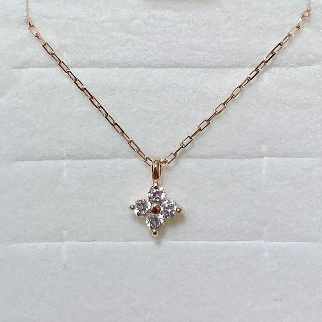 4℃ K10 キュービックジルコニア ネックレス ピンクゴールド フラワー