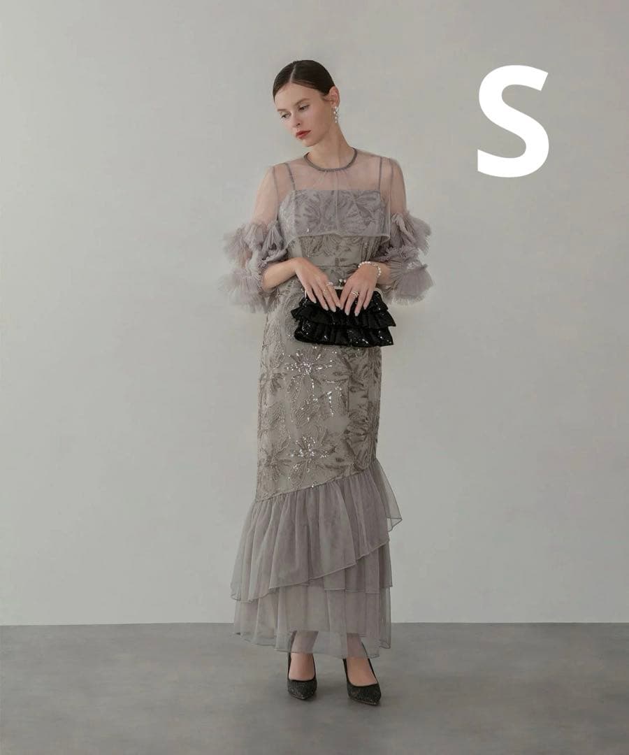 Leja フラワースパンコールチュールフリルスリーブIラインワンピースドレス S