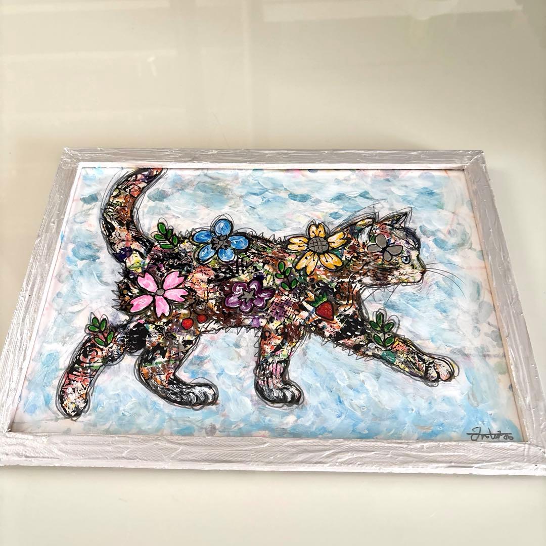 ち*こ様 手作り額付きシルクスクリーン応用絵画　title「旅するニャンコ」