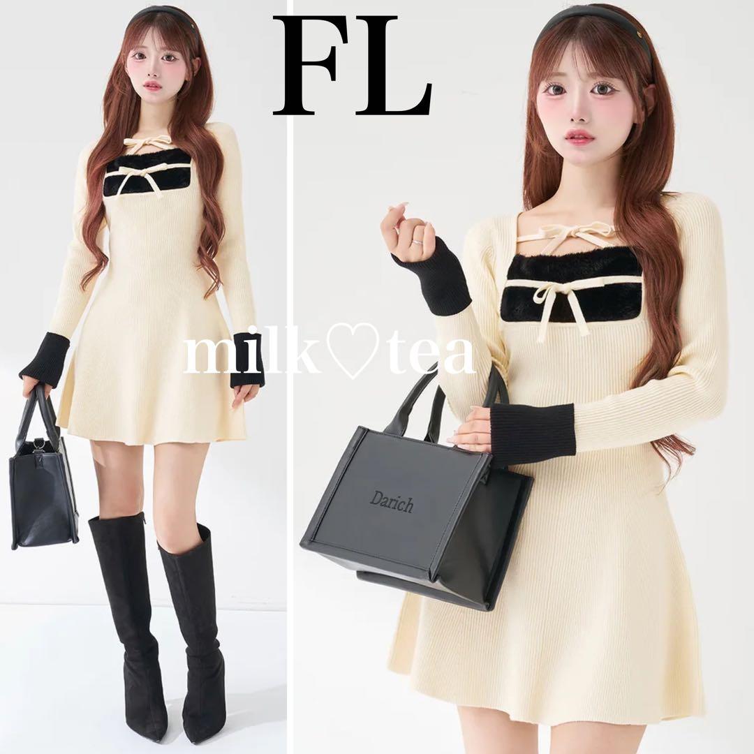 新品タグ付 ダーリッチ リボンファーフレアニットミニワンピース アイボリー FL