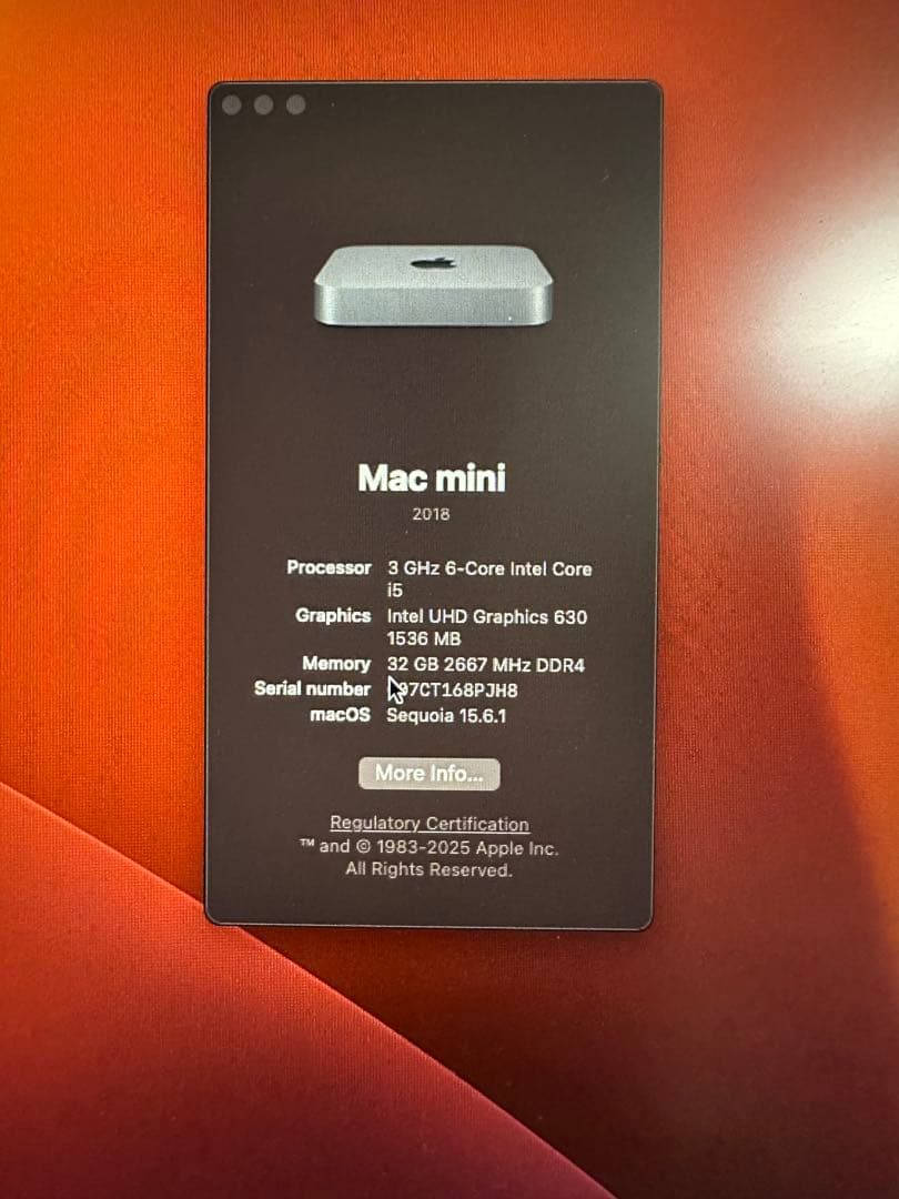 Mac Mini 2018 i5 6コア32G SSD512G