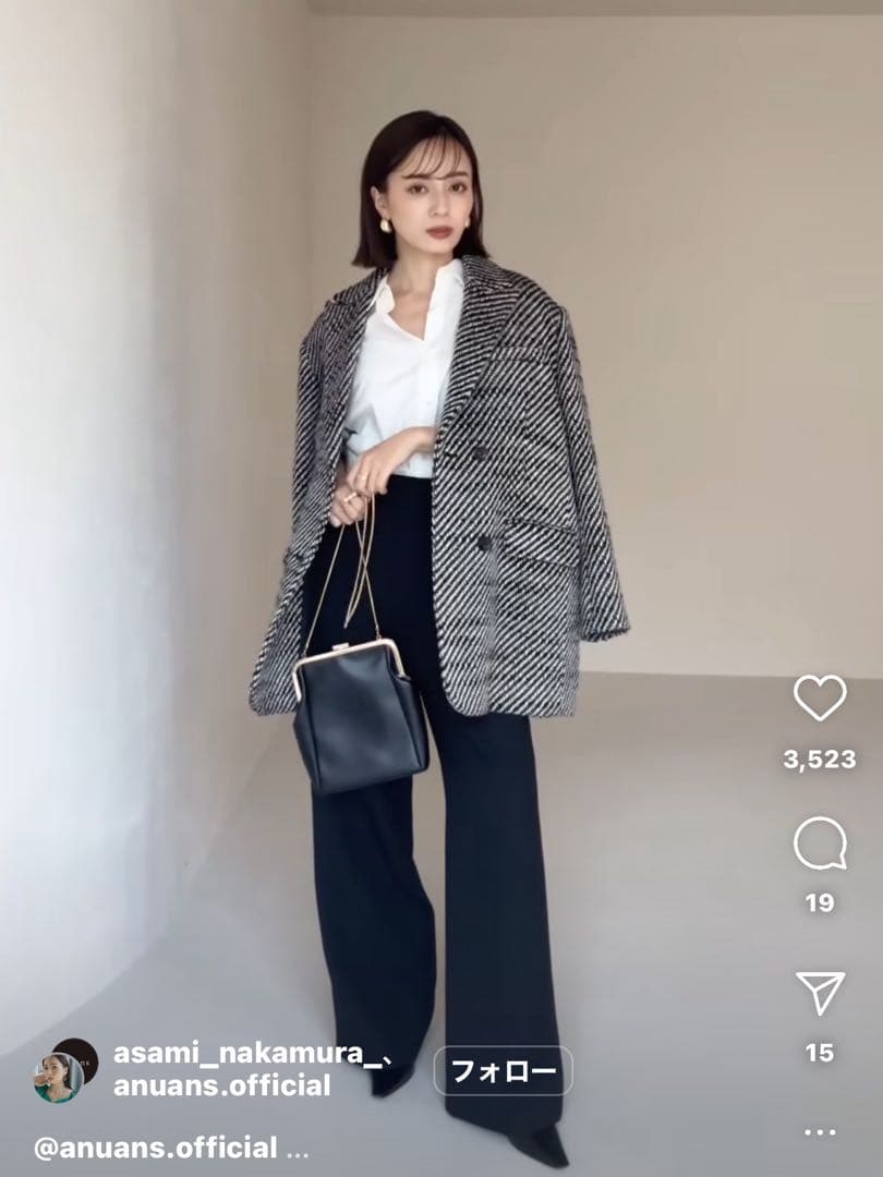 アニュアンス ツイードウールジャケットコート ブラック