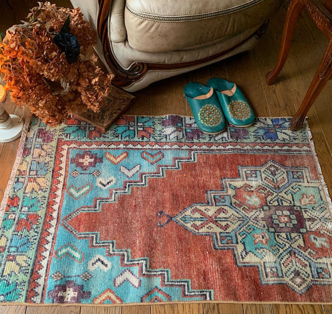 レトロブルー　テラコッタ98×62 メダリオン　トルコヴィンテージラグ