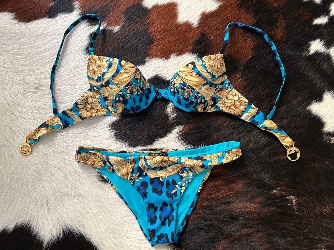 Gianni Versace ヴェルサーチ青と金の花柄　ビキニ　美品　XS/S