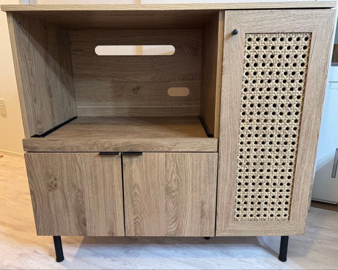 LOWYA ロウヤ キッチン収納 キッチンキャビネット 木製 ラタン調 幅90