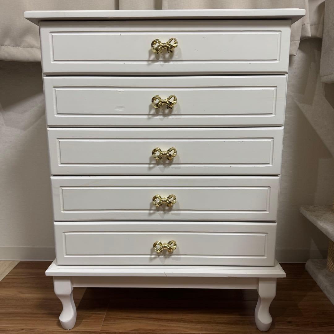 【まこちゃん専用】猫脚　5段チェスト リボンモチーフ 姫系家具