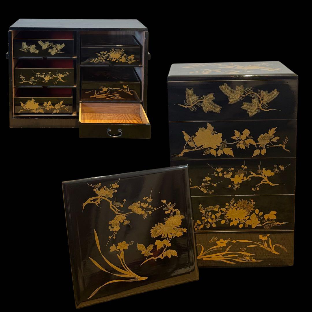 時代漆器 研ぎ出し草花蒔絵 五段重箱 二枚蓋 木瓜紋 保管箱