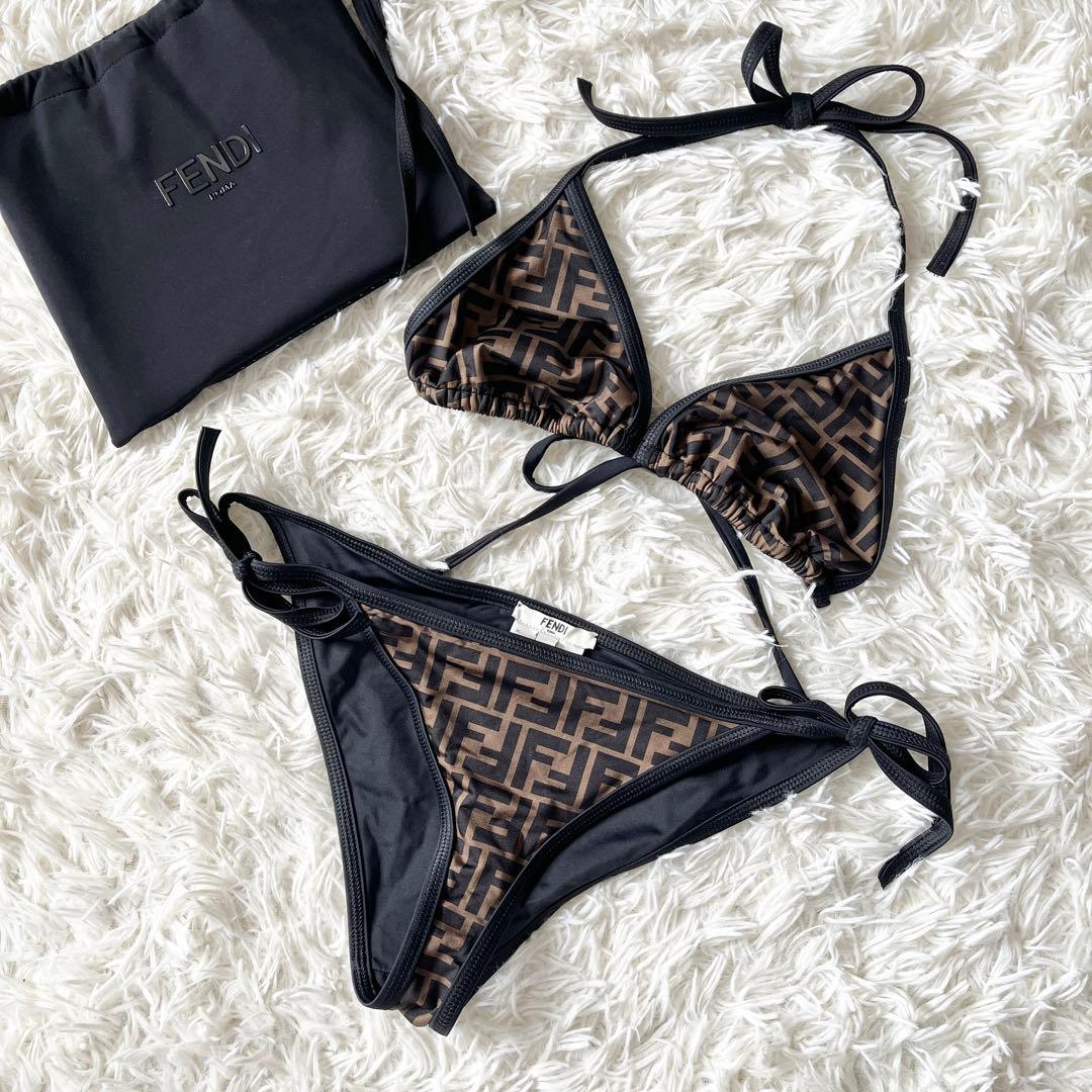 フェンディ　水着　ビキニ　ズッカ柄　ブラウン　黒　42サイズ　専用ポーチ付き