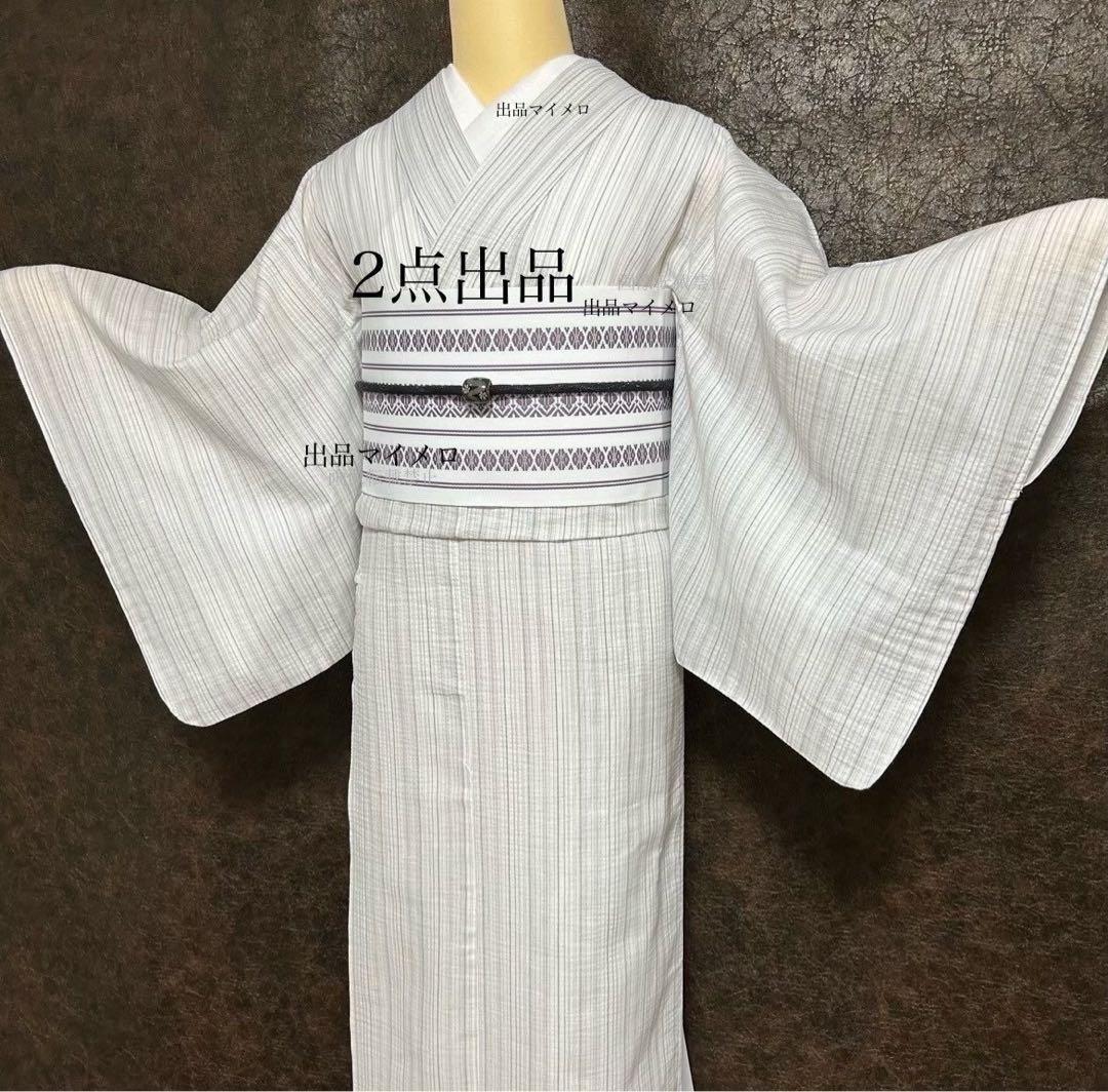 古典しじら織　浴衣　綿　粋な夏着物　縞柄　献上帯 半幅帯白　2点　0810⑪