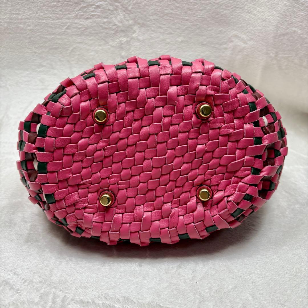 COACH コーチ ウーブントート ピンク 編み込みレザー かごバッグ