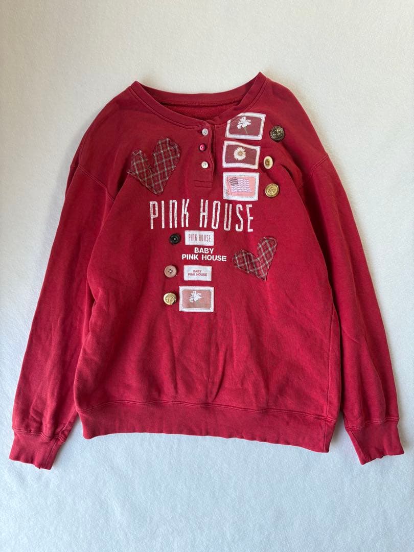 レアデザイン❤︎PINK HOUSEワッペン　チェック　ボタン赤スウェット　古着屋