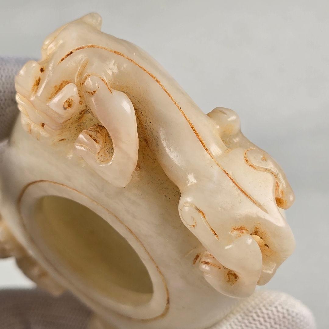 古文房具 本物和田白玉 原石 手彫 清代 双龍出郭 筆洗 筆添 墨池 水鉢 激安