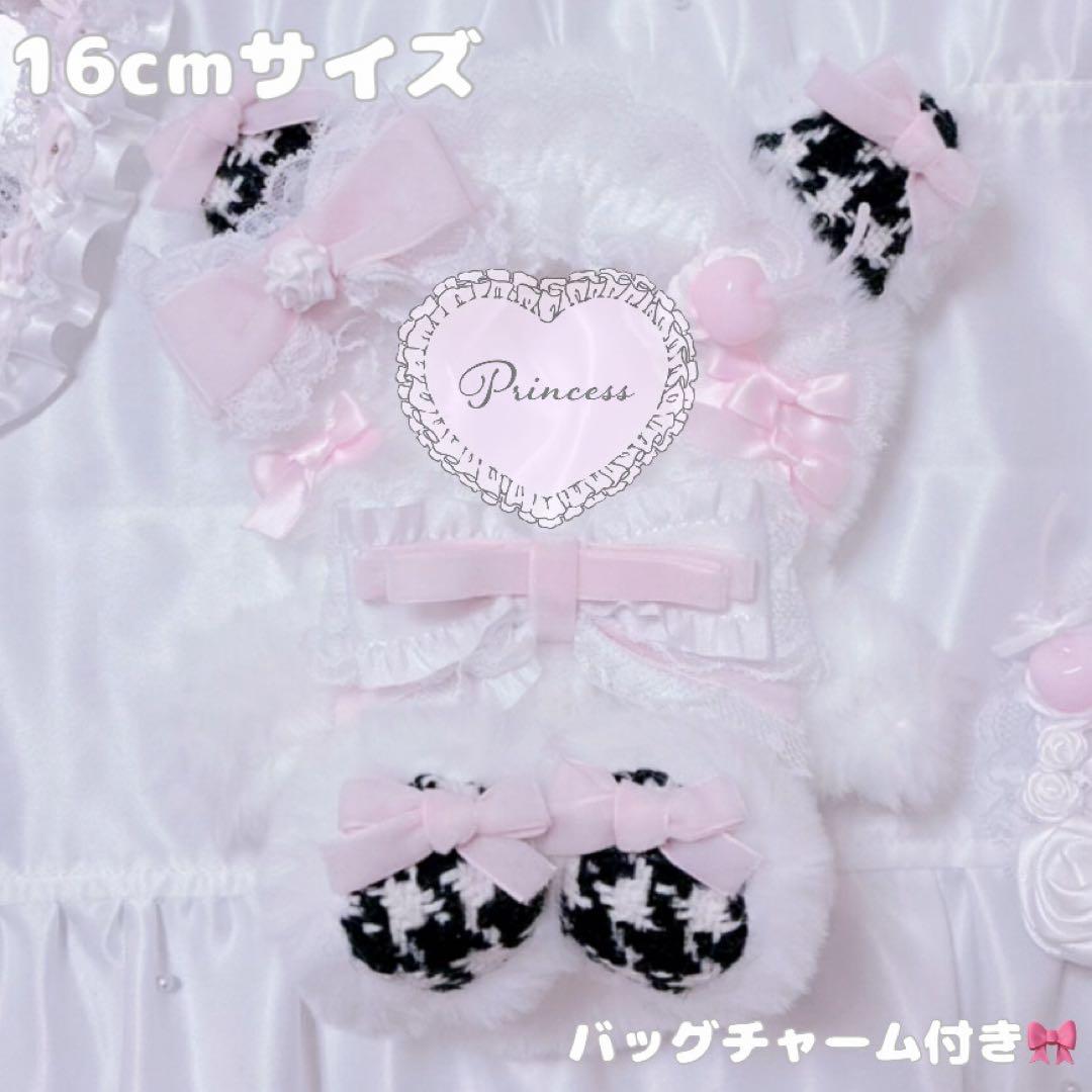 【甘ロリホイップ千鳥柄×しろねこ】おすわりぬい服 16cm