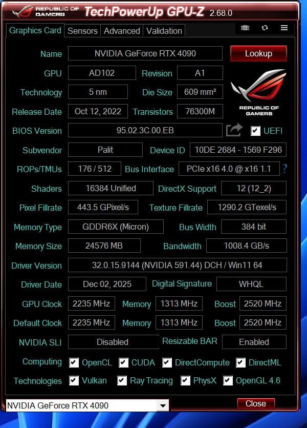 Palit RTX 4090 GameRock OmniBlack 動作確認済