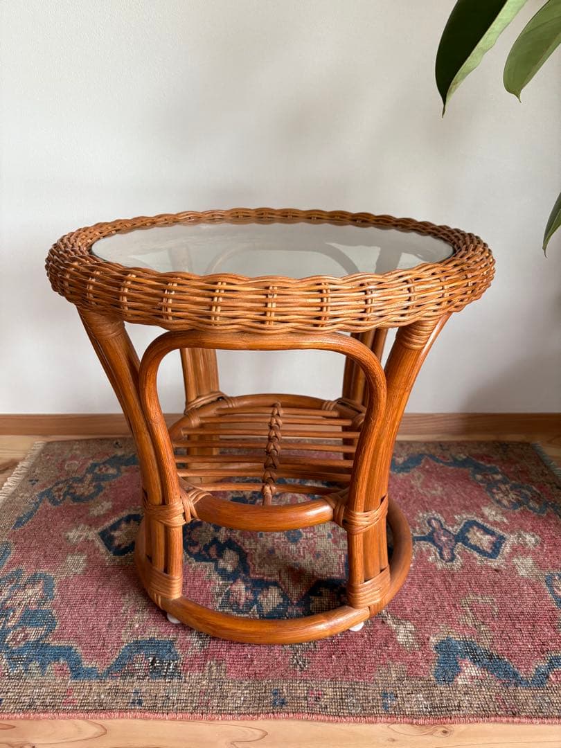 籐 ラタン ガラスサイドテーブル★アンティーク